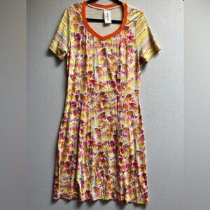 Eva & Claudi Colorful Butterfly Patterned Dress with Striped Sleeves Sz L